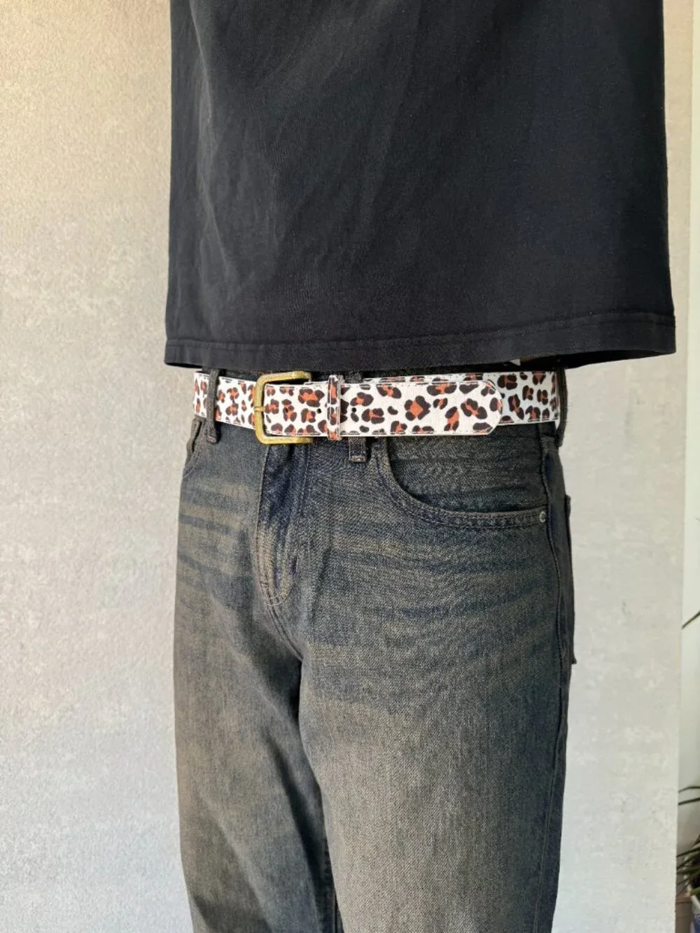 White Cheetah Print Brass Buckle Belt